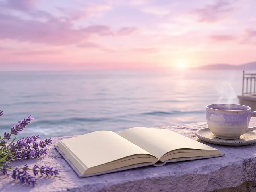 An open journal and a cup of tea at sunrise